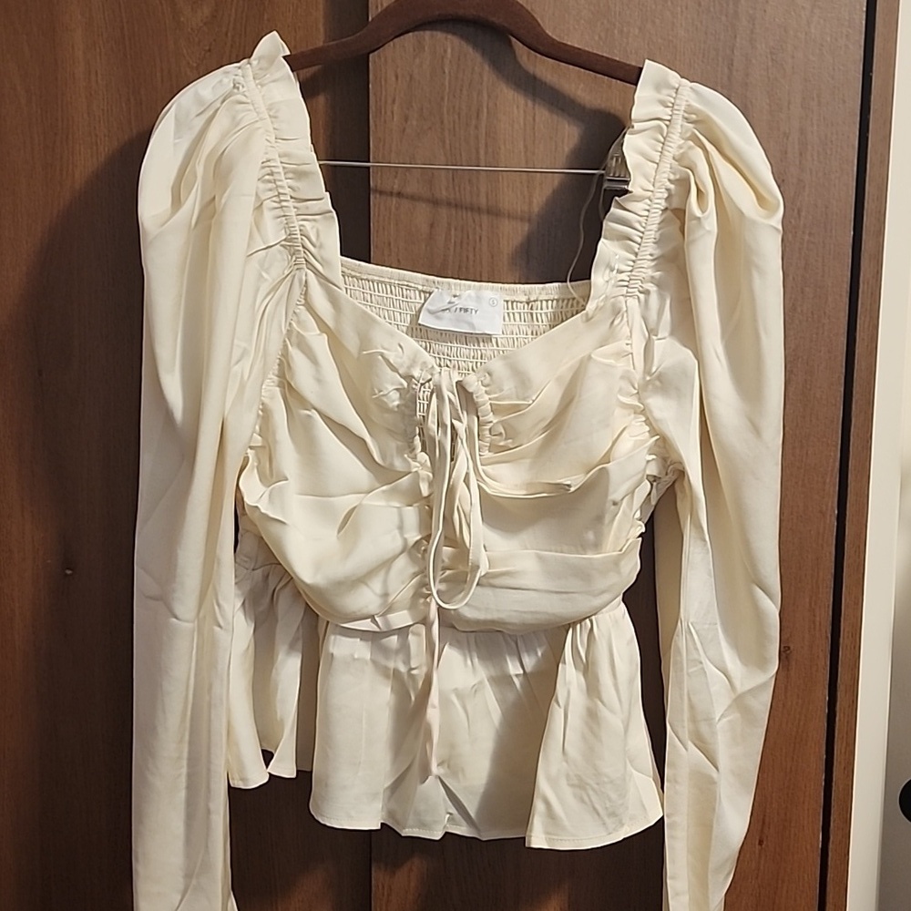 Six/Fifty "The Ruby" Blouse - Ivory  Long Sleeve Peplum Top Size Small NWOT
